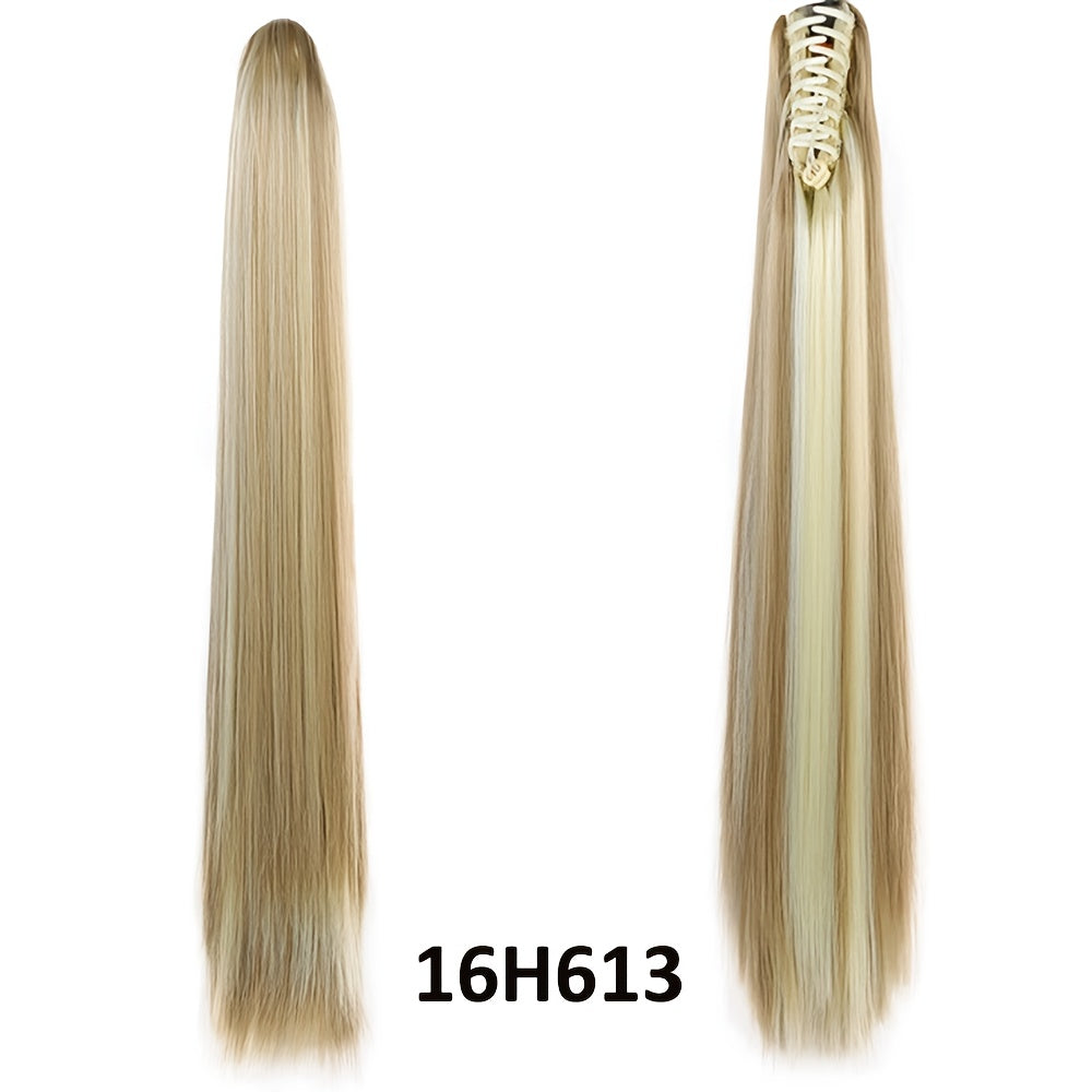 22-Inch (56 cm) Straight Synthetic Ponytail Extension with Claw Clip - Heat-Resistant Black & White Hairpiece for Women