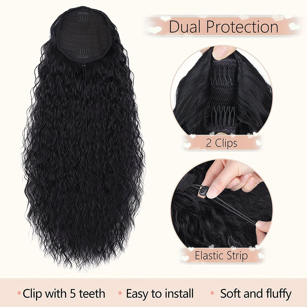 22-inch (56 cm) Water Wave Drawstring Ponytail - Synthetic Clip-In Curly Hair Extension for Women, Natural Black