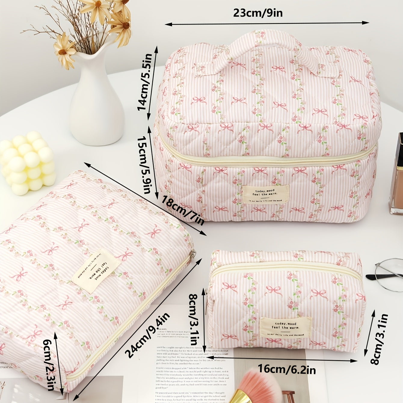 3-Pack Quilted Floral Cosmetic Bags for Women – Travel Makeup Organizer Set, Durable Polyester Pouches