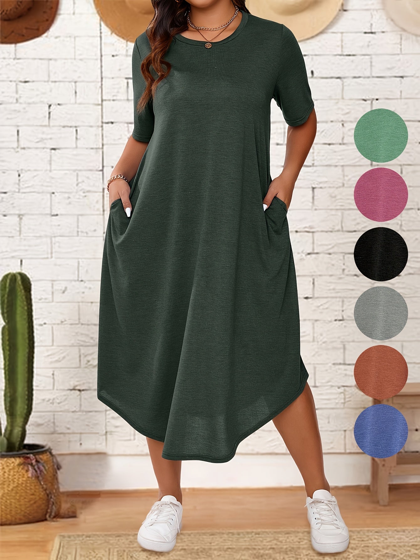 Plus Size Solid Crew Neck Tunic Dress - Casual Short Sleeve Summer Dress for Women