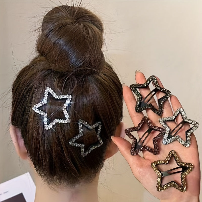 2-Pack Rhinestone Star Hair Clips - Five-Pointed BB Clips for Bangs & Side Hair, Elegant Minimalist Hairpins, Gift for Eid & Ramadan