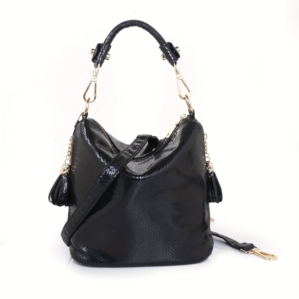 Snakeskin Faux Leather Shoulder Bag for Women - Adjustable Strap Tassel Zippered Handbag Black and Gold