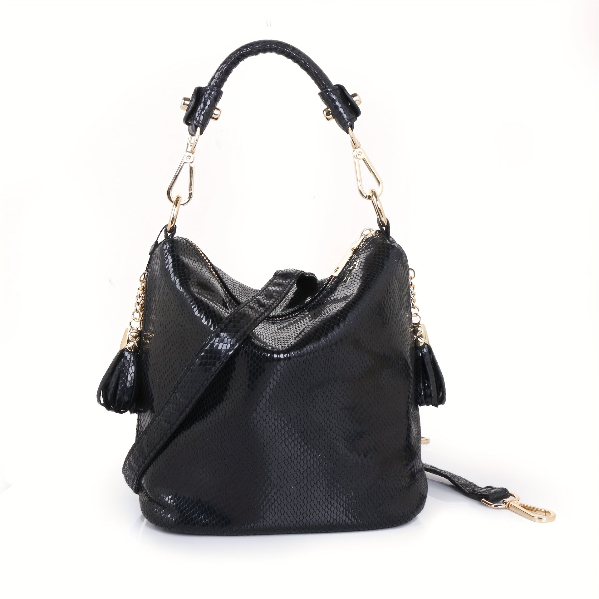 Snakeskin Faux Leather Shoulder Bag for Women - Adjustable Strap Tassel Zippered Handbag Black and Gold