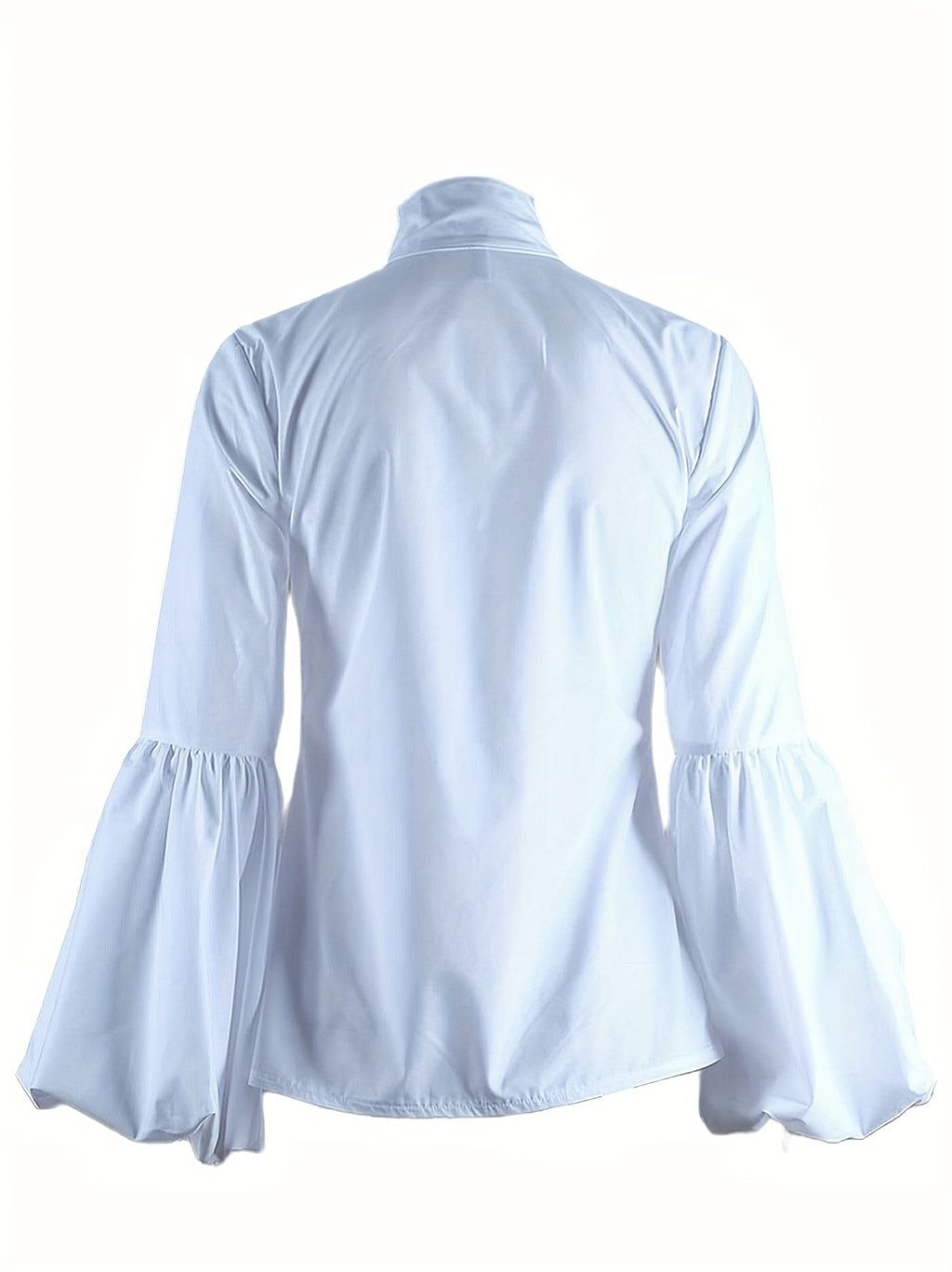 Urban Chic High-Neck Women's Blouse with Puff Sleeves - Slim Fit Long-Sleeve Button-Up Shirt in White