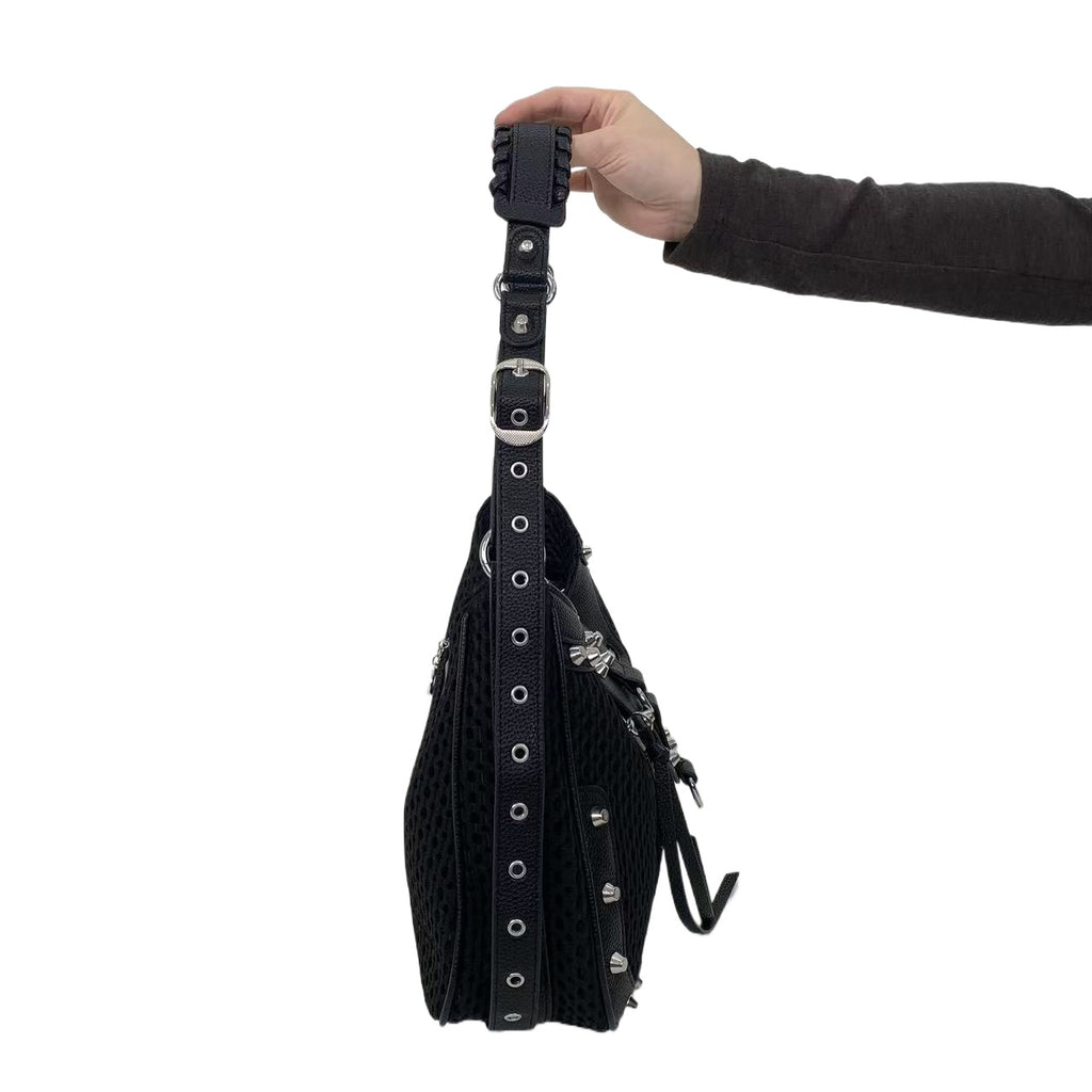 Women's Large Capacity Y2K Retro Mesh Bucket Bag - Adjustable Strap, Multi-Pocket Nylon Crossbody with Gold-Tone Hardware & Zipper Closure