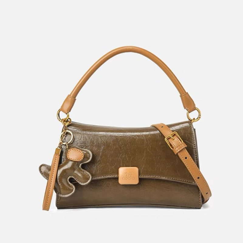 Waxed Leather Baguette Underarm Bag for Women - Elegant Zipper Wristlet Crossbody Messenger