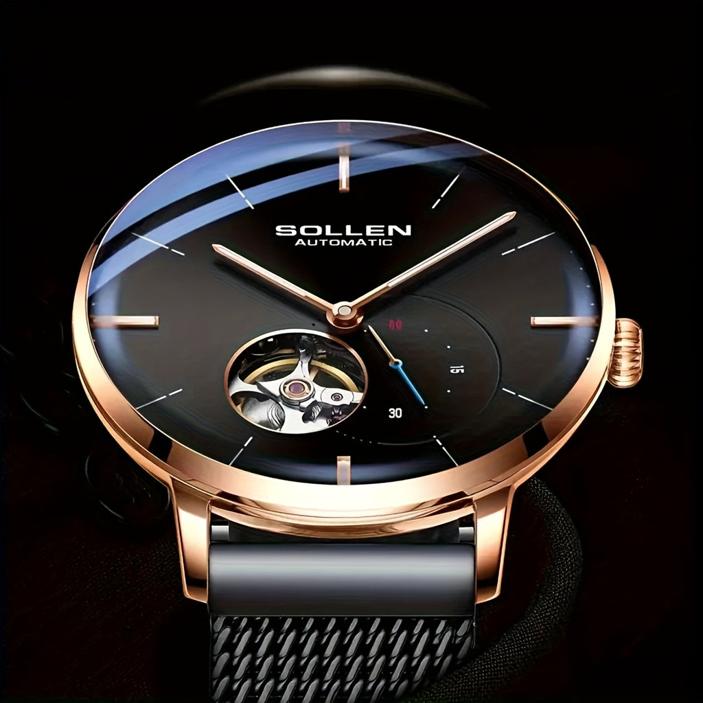 SOLLEN Automatic Mechanical Unisex Watch – Stainless Steel Round Case, Black Dial, Luminous Hands, Business Casual