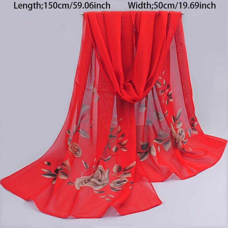 Floral Chiffon Scarf for Women - Lightweight Long Shawl with Yellow & Red Flower Print on Black