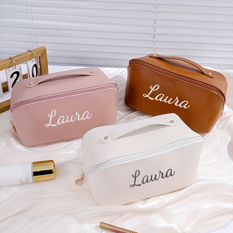 Embroidered Personalized Large Capacity Makeup Bag - Travel Toiletry Organizer with Zipper & Top Handle (Black, Brown, Pink)