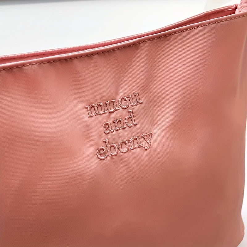 Women's Nylon Underarm Crossbody Bucket Bag – Embroidered Single Shoulder Handbag (Black, White)