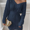 Women's Beige V-Neck Long Sleeve Sweater Dress – Stretch Knit, Form-Fitting Office-to-Party