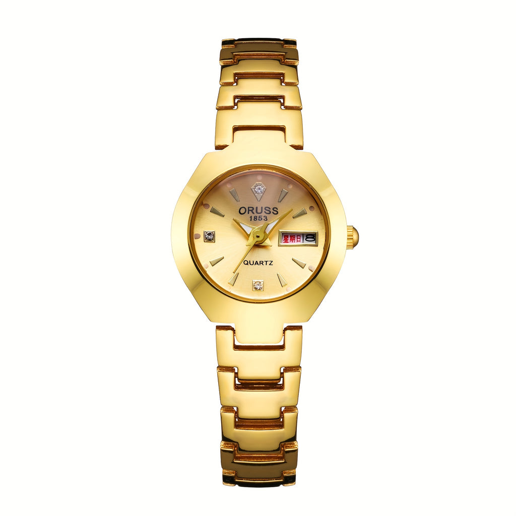ORUSS Women's Mechanical Watch - Gold Dial with Date, Stainless Steel Bracelet - Elegant Luxury Timepiece
