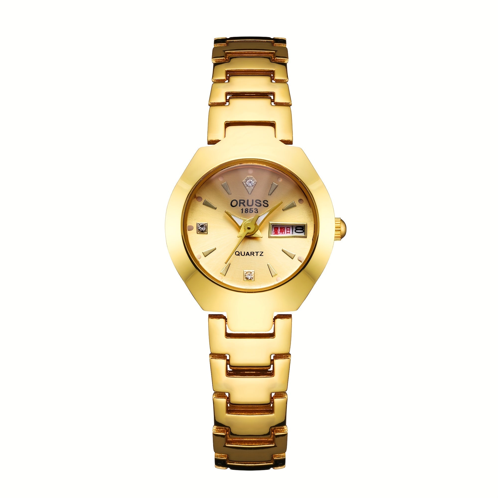 ORUSS Women's Mechanical Watch - Gold Dial with Date, Stainless Steel Bracelet - Elegant Luxury Timepiece