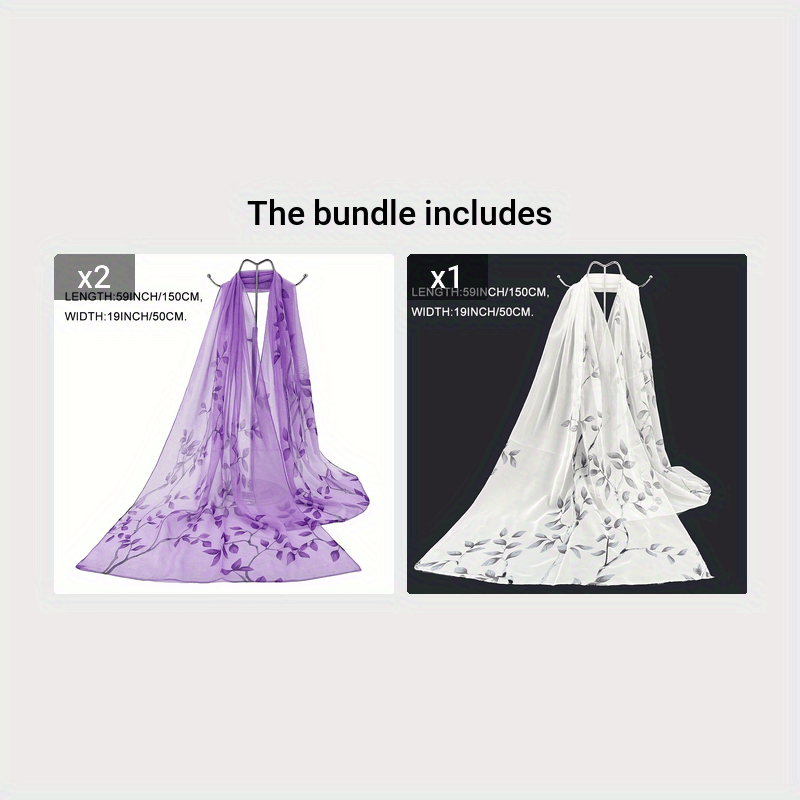 Sheer Bamboo Leaf Chiffon Shawl Scarf – Lilac & Green Lightweight Wrap for Beach, Wedding & Party, 59 x 19 in (150 x 50 cm)