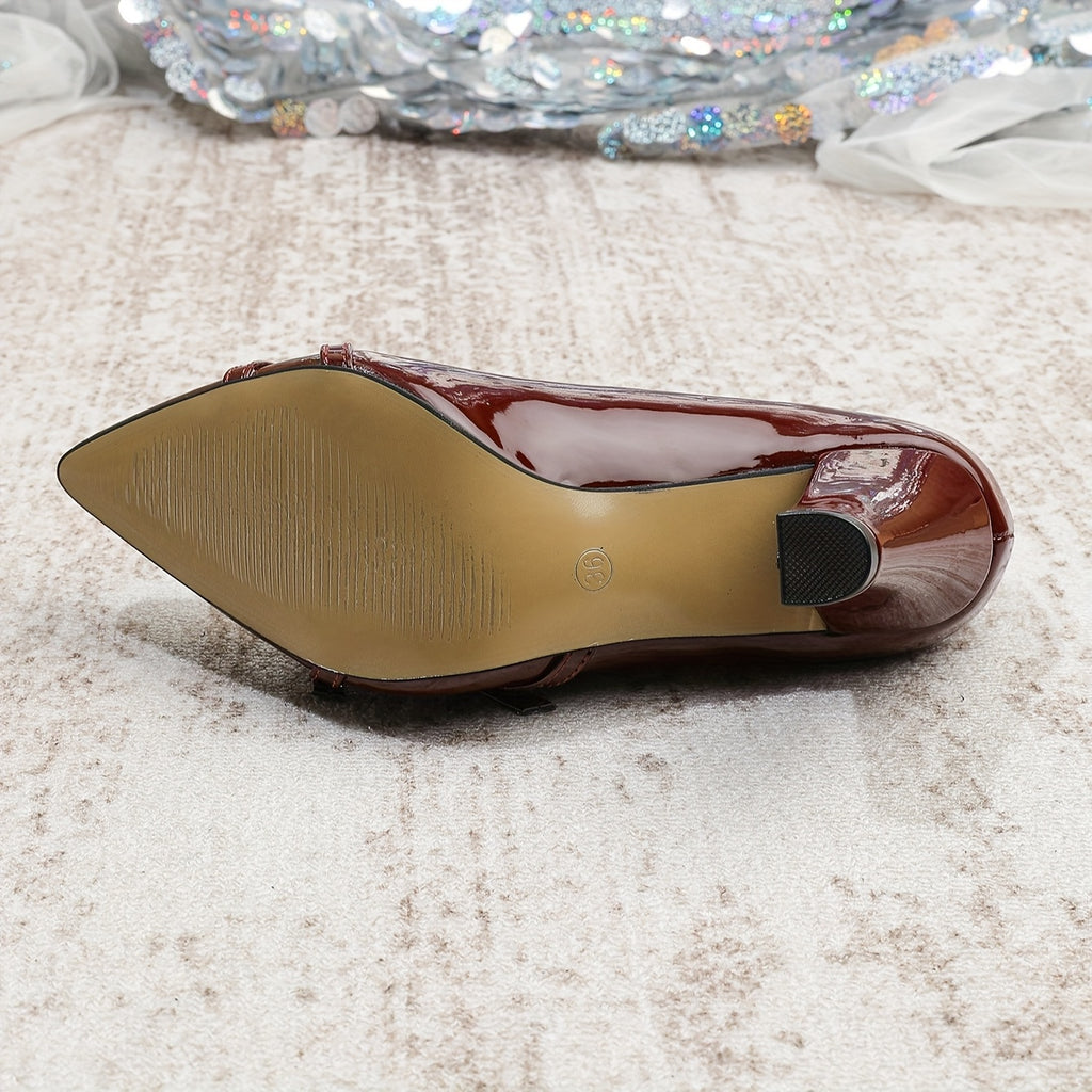 Glossy PU Red Chunky Heel Pumps - Women's Pointed Toe Cross Strap Dress Shoes for Parties & Formal Events
