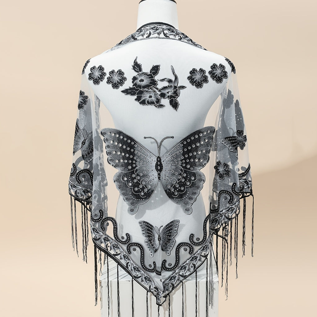 Breathable Embroidered Triangle Scarf 29.5 in x 55.1 in (75 x 140 cm) Lace Tassel Shawl Wrap