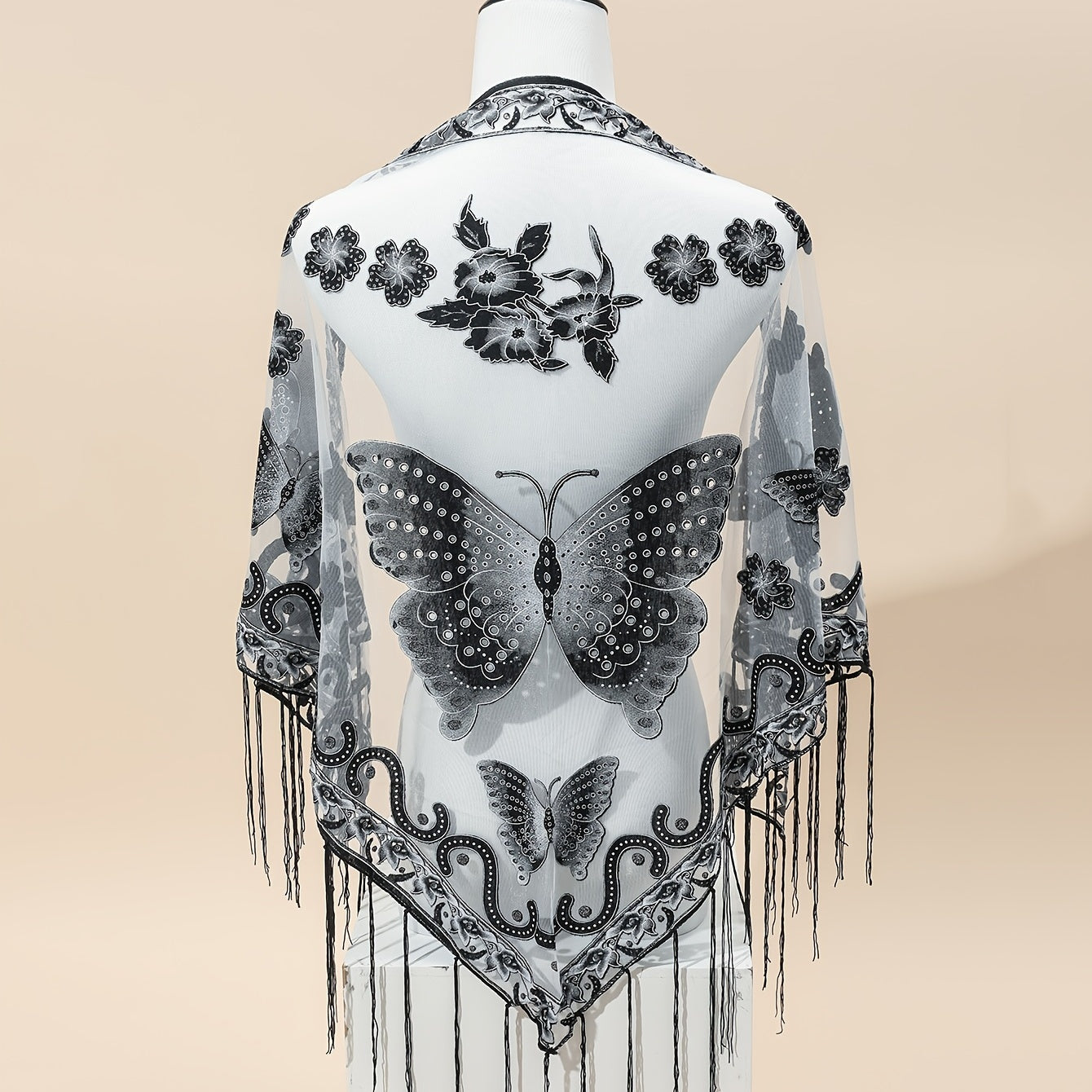 Breathable Embroidered Triangle Scarf 29.5 in x 55.1 in (75 x 140 cm) Lace Tassel Shawl Wrap