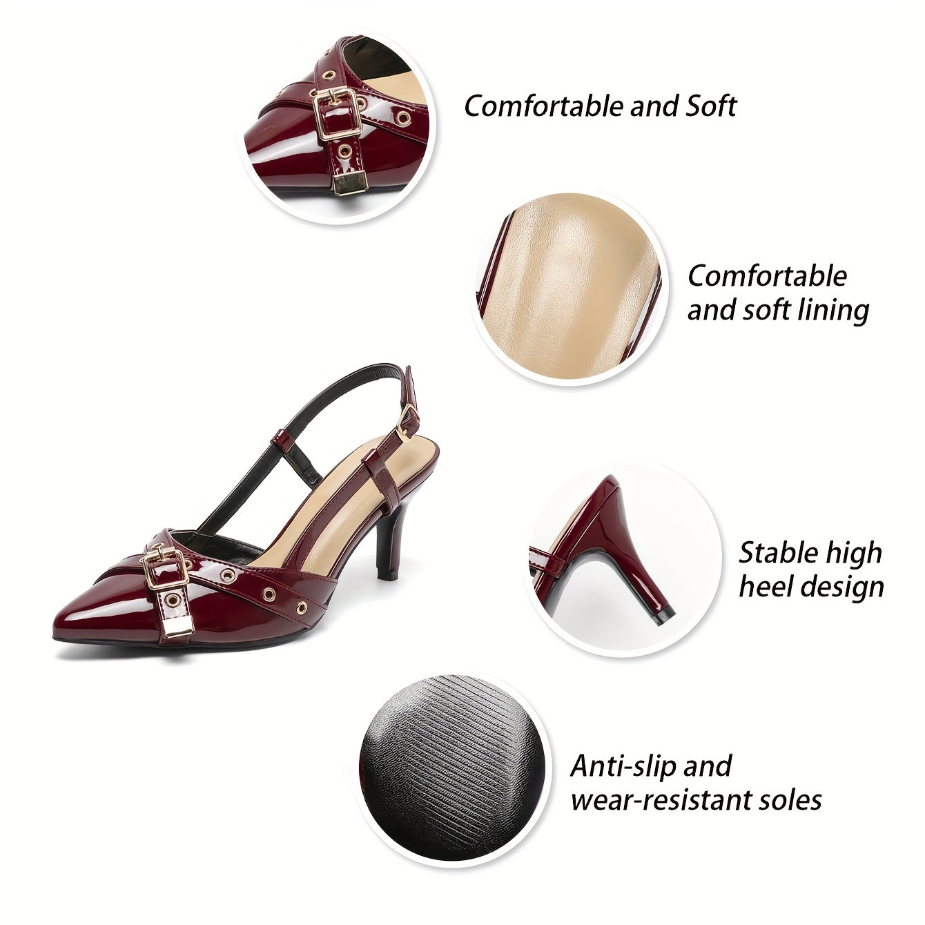 Women's Red Pointed-Toe Stiletto Pumps with Gold Buckle Cross Ankle Strap