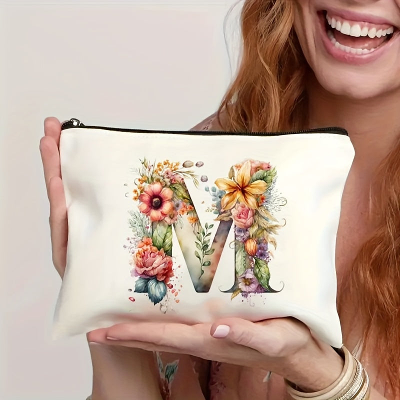 Alphabet Floral Canvas Pouch A-Z - Floral Canvas Cosmetic Bag & Clutch, Toiletry and Pen Case | Gift for Mom, Daughter, Teacher