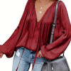 Green French Satin Tie-Front Blouse V-Neck Long Sleeve Ruched Top for Women