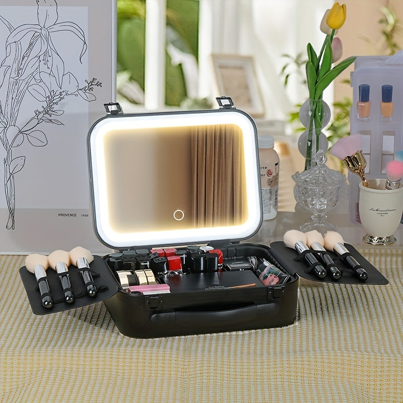 LED Lighted Rechargeable Travel Makeup Train Case with Mirror — Cosmetic Organizer for Women, USB Charging, 2000mAh