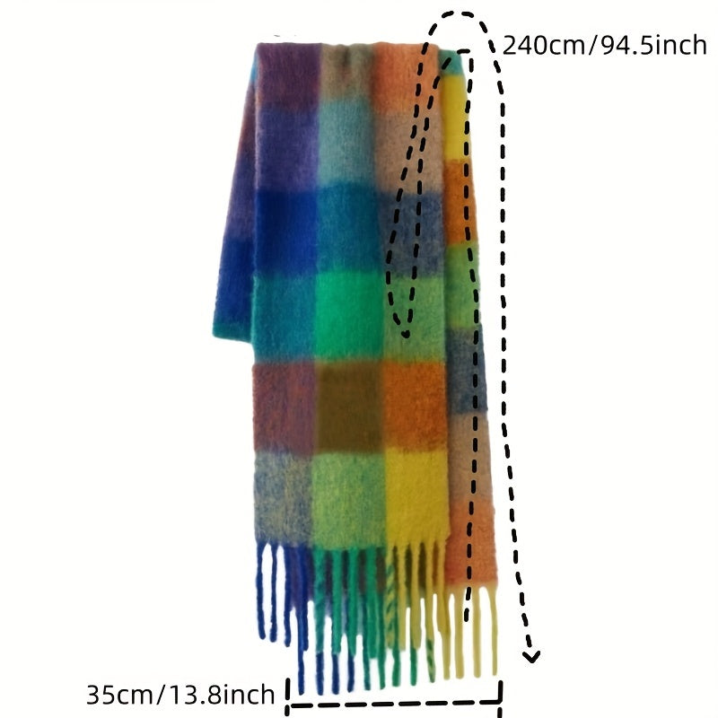 Women's Bohemian Plaid Tassel Scarf — Thick Faux Mohair Rainbow Shawl 240 cm (94.5 in)