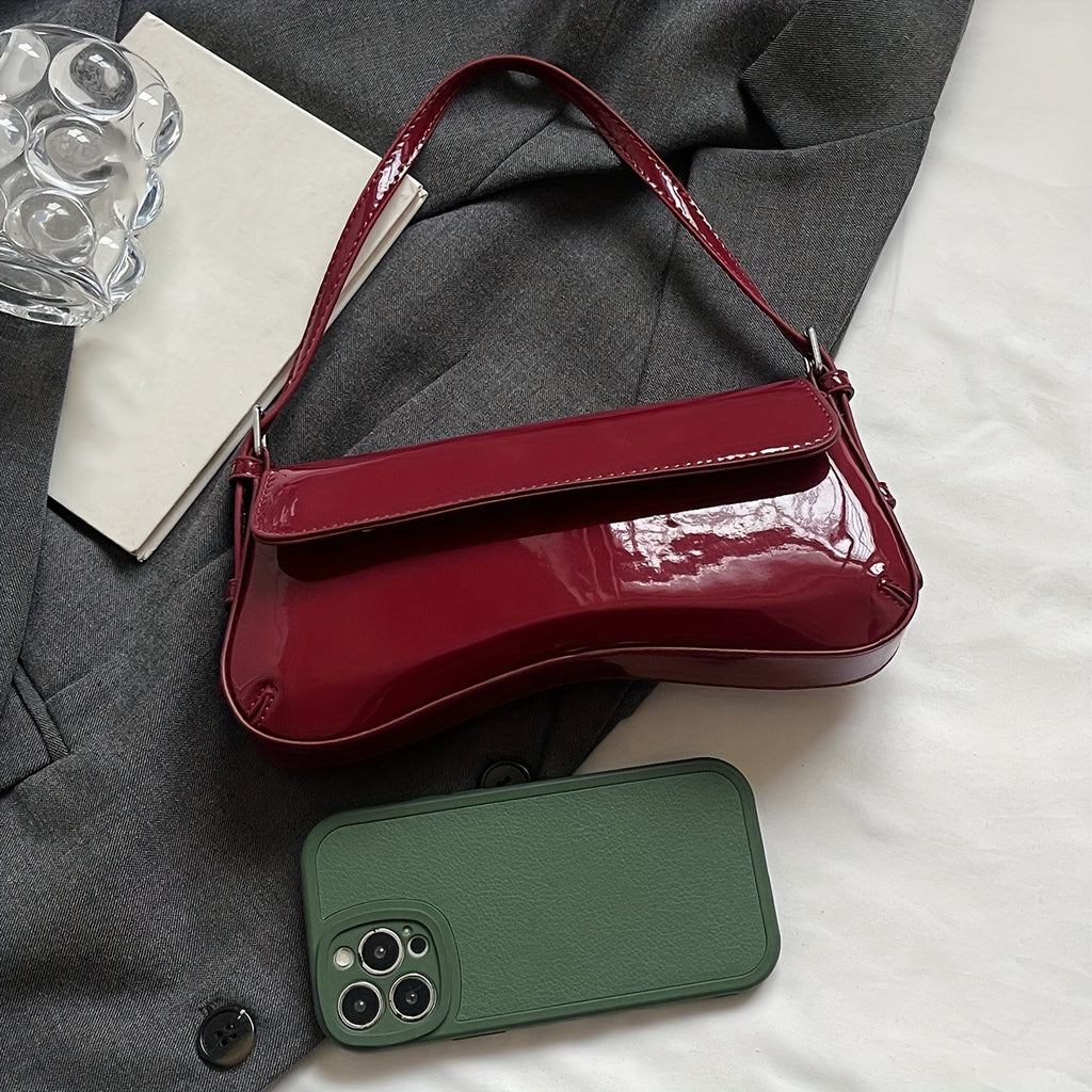 Burgundy PU Baguette Shoulder Bag - Adjustable Strap, Magnetic Closure, Two-Tone Hardware, Glossy Purse for Office & Date Night