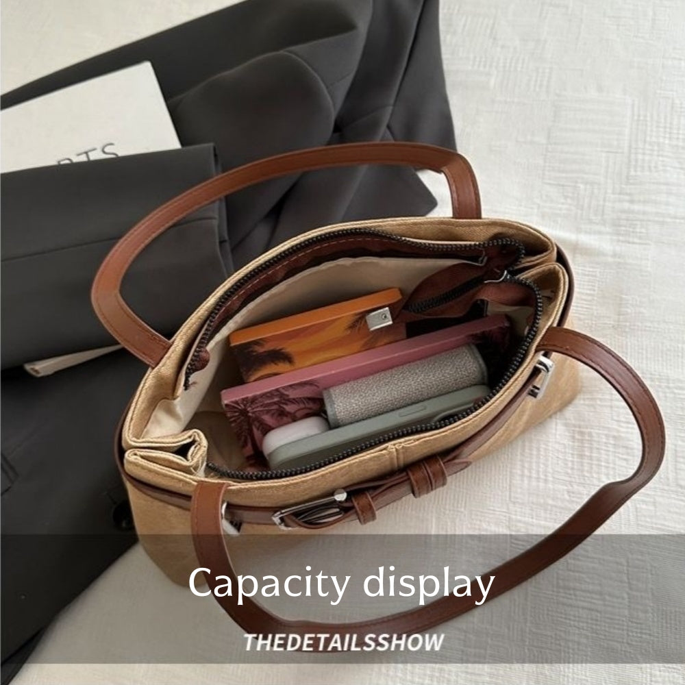 Women's Retro French Baguette Shoulder Bag – Large Capacity PU Leather Underarm Handbag with Gold Hardware, Zipper Closure (Black, Khaki)