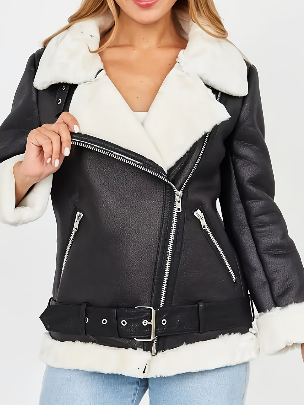 Women's Brown Faux Fur Motorcycle Jacket – Belted Zipper Jacket with Goldtone Hardware & Side Pockets