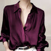 Women's Black Satin-Finish Button-Up Shirt, 100% Polyester Long Sleeve, Regular Fit, Machine Washable