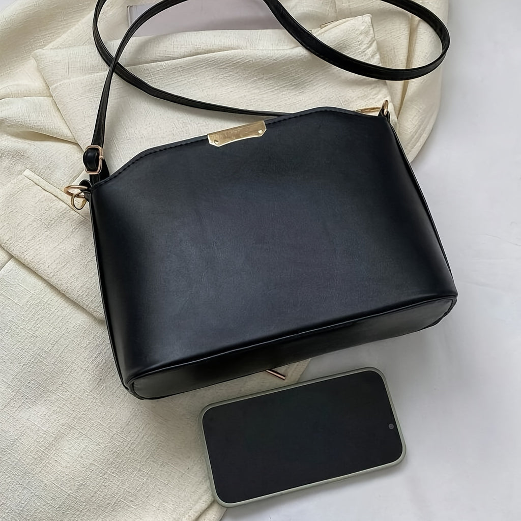 Minimalist PU Crossbody Bucket Bag for Women, Metal Accent Shoulder Messenger Bag