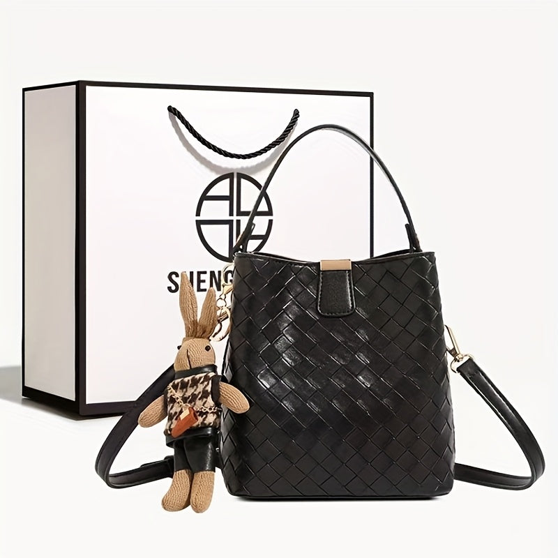 Women's Woven Faux Leather Bucket Handbag - Black Crossbody Shoulder Bag with Golden Hardware, Magnetic Closure, Adjustable Detachable Strap