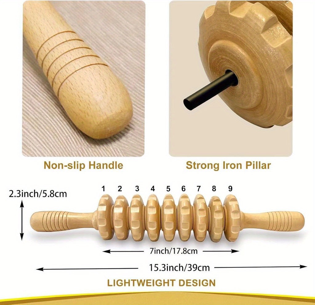 Wooden Fascia Massage Roller Wheel – Handheld Myofascial Roller for Body, Neck & Back, Portable Muscle Relief Gift