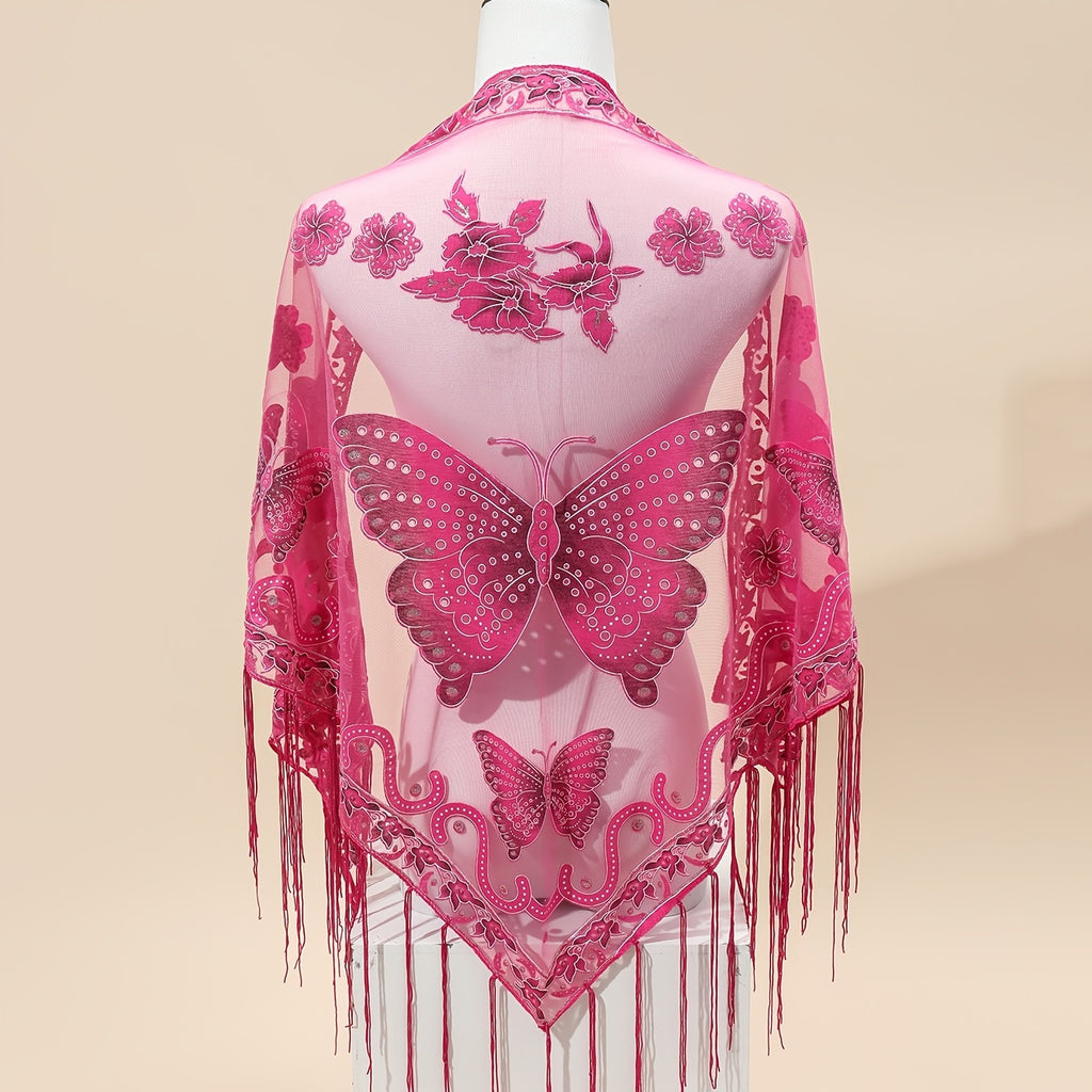 Breathable Embroidered Triangle Scarf 29.5 in x 55.1 in (75 x 140 cm) Lace Tassel Shawl Wrap