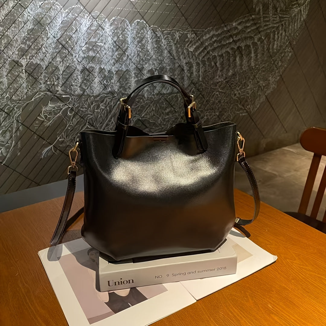 Top-Grain Cowhide Leather Tote Bag for Women - Large-Capacity Minimalist Commuter Handheld Crossbody Bucket Bag