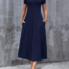 Women's V-Neck A-Line Short Sleeve Dress with Pockets, Casual Solid Color, Medium Stretch, Machine Washable, All-Season