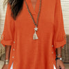 Plus Size Faux Denim Blouse with Decorative Buttons & Tassel Knot Front High-Low Hem Spring/Summer Polyester Blend