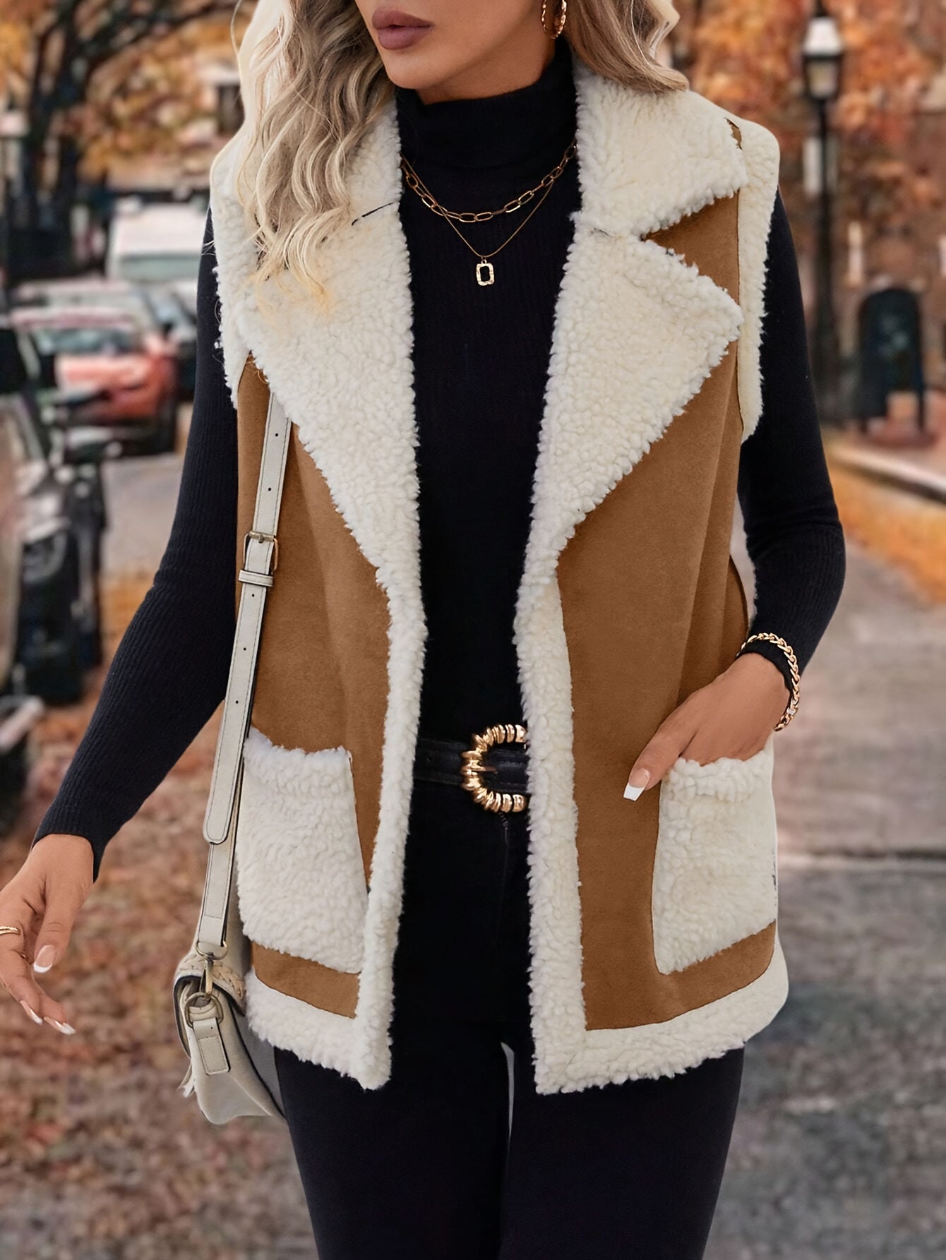 Women’s Faux Leather Mixed-Media Lapel Vest with Faux Fur Lining and Zip Pockets — Sleeveless Warm Fall Winter Vest