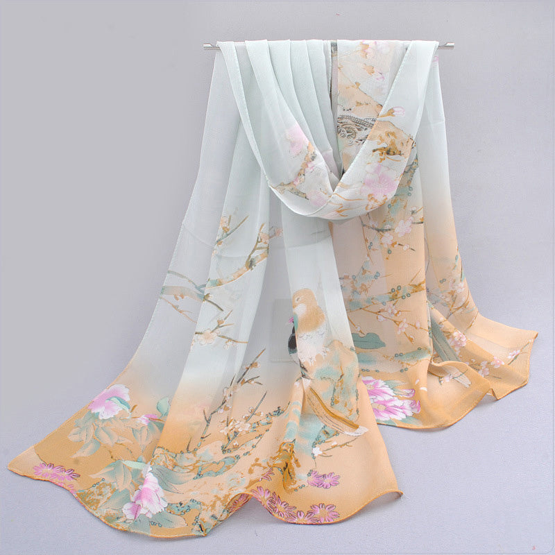 Vintage Magpie Print Long Imitation Silk Chiffon Scarf, Lightweight Shawl Wrap