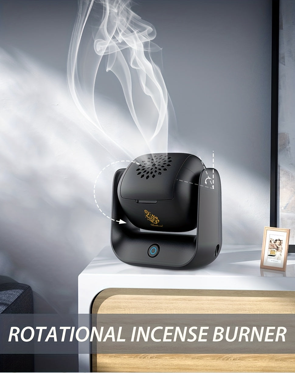 Rechargeable Portable Arabic Incense Holder & Aroma Diffuser — Rotatable ABS Calligraphy Logo, USB 1500mAh for Home, Office & Car