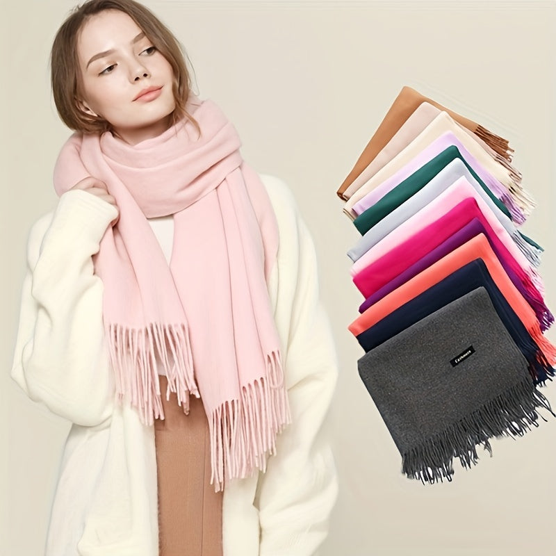 Unisex 100% Cashmere Scarf – Soft Tassel Shawl & Headscarf for Autumn & Winter, Neutral Solid Wrap