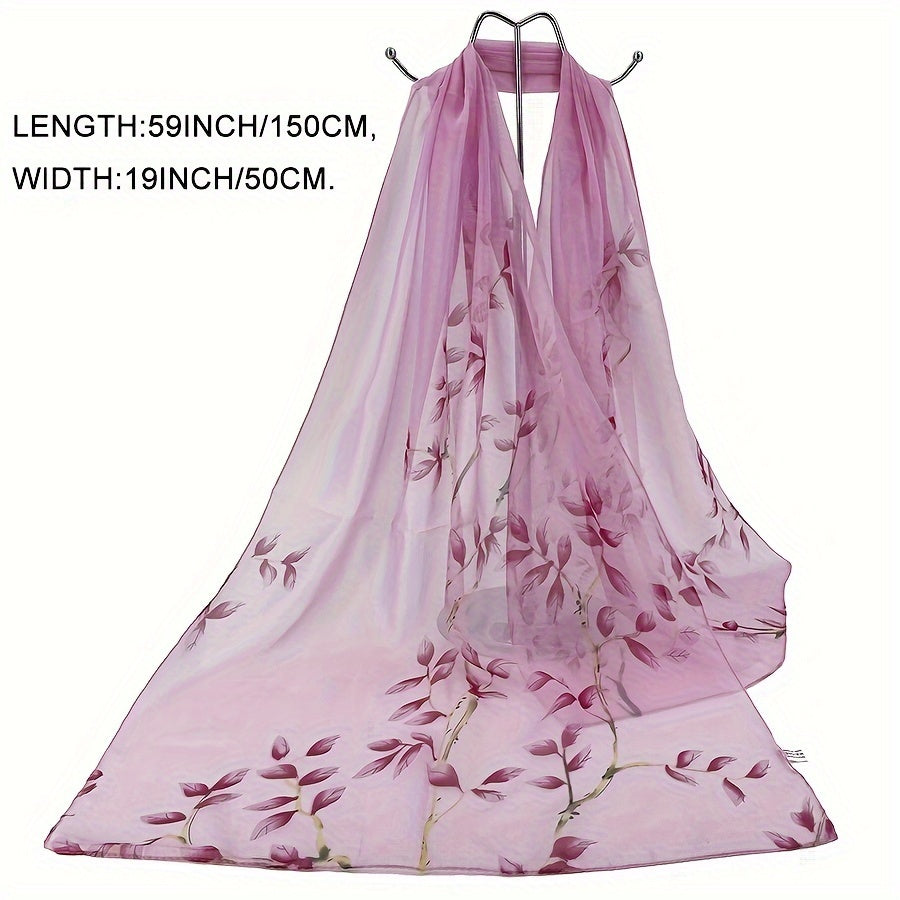 Sheer Bamboo Leaf Chiffon Shawl Scarf – Lilac & Green Lightweight Wrap for Beach, Wedding & Party, 59 x 19 in (150 x 50 cm)