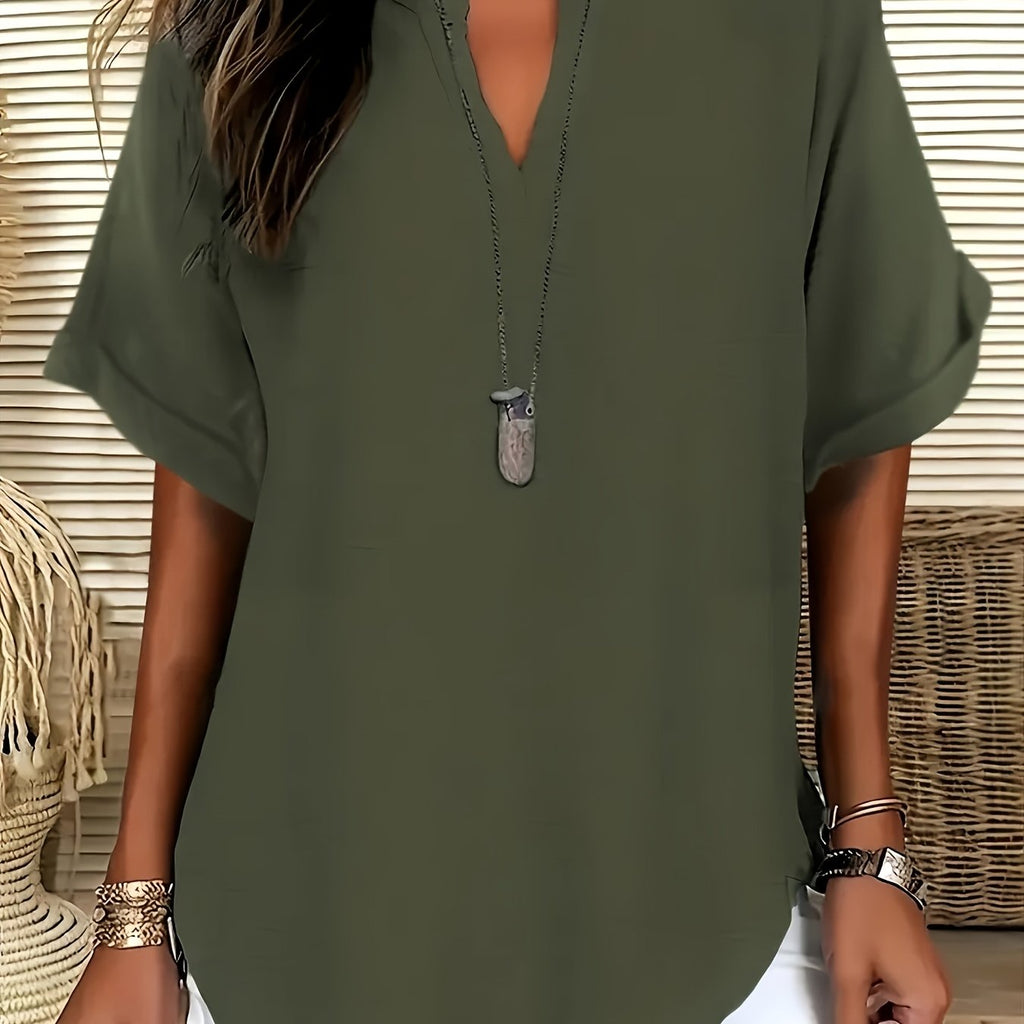 Plus Size V-Neck Blouse - Women's Short Sleeve Loose Batwing Top with Flared Hem, Stretchy Casual Shirt
