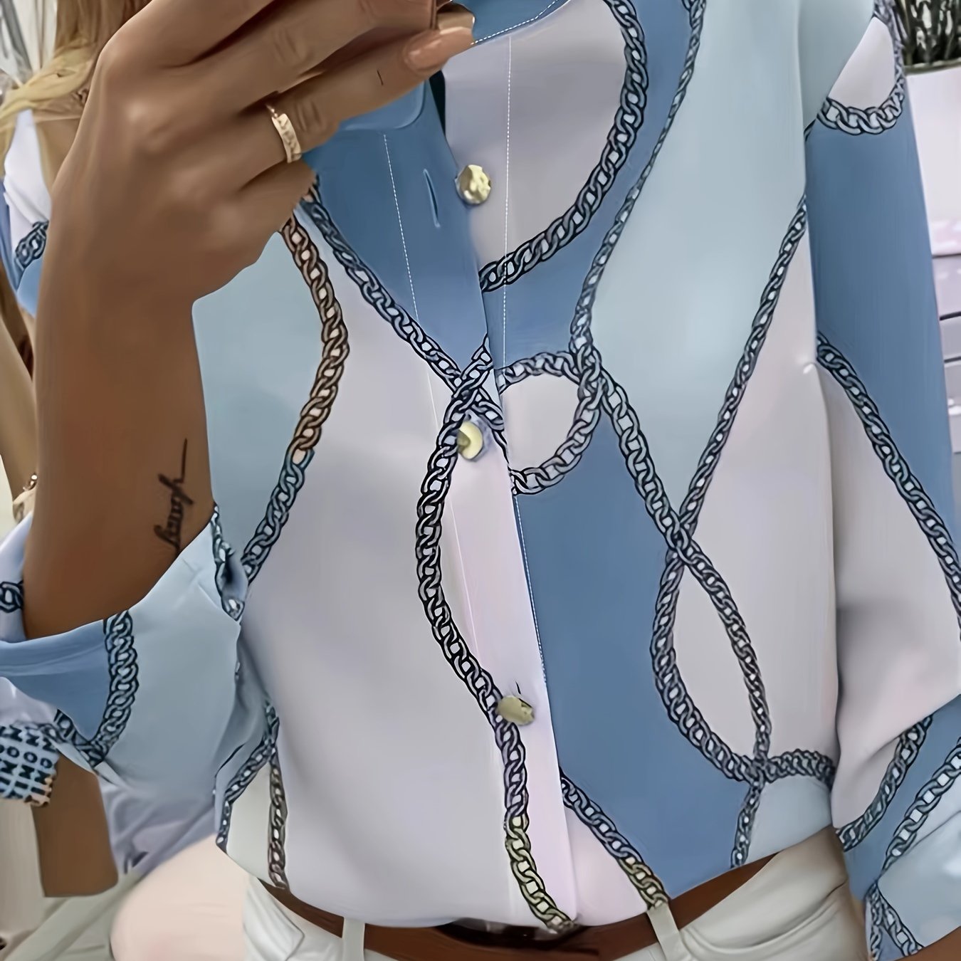 Women's Chain Print Button-Front Blouse - Mandarin Collar, Roll-Tab Sleeves, Lightweight Polyester