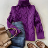 Women's High-Neck Cable Knit Sweater - Soft Blue Loose-Fit Long Sleeve Pullover for Fall & Winter