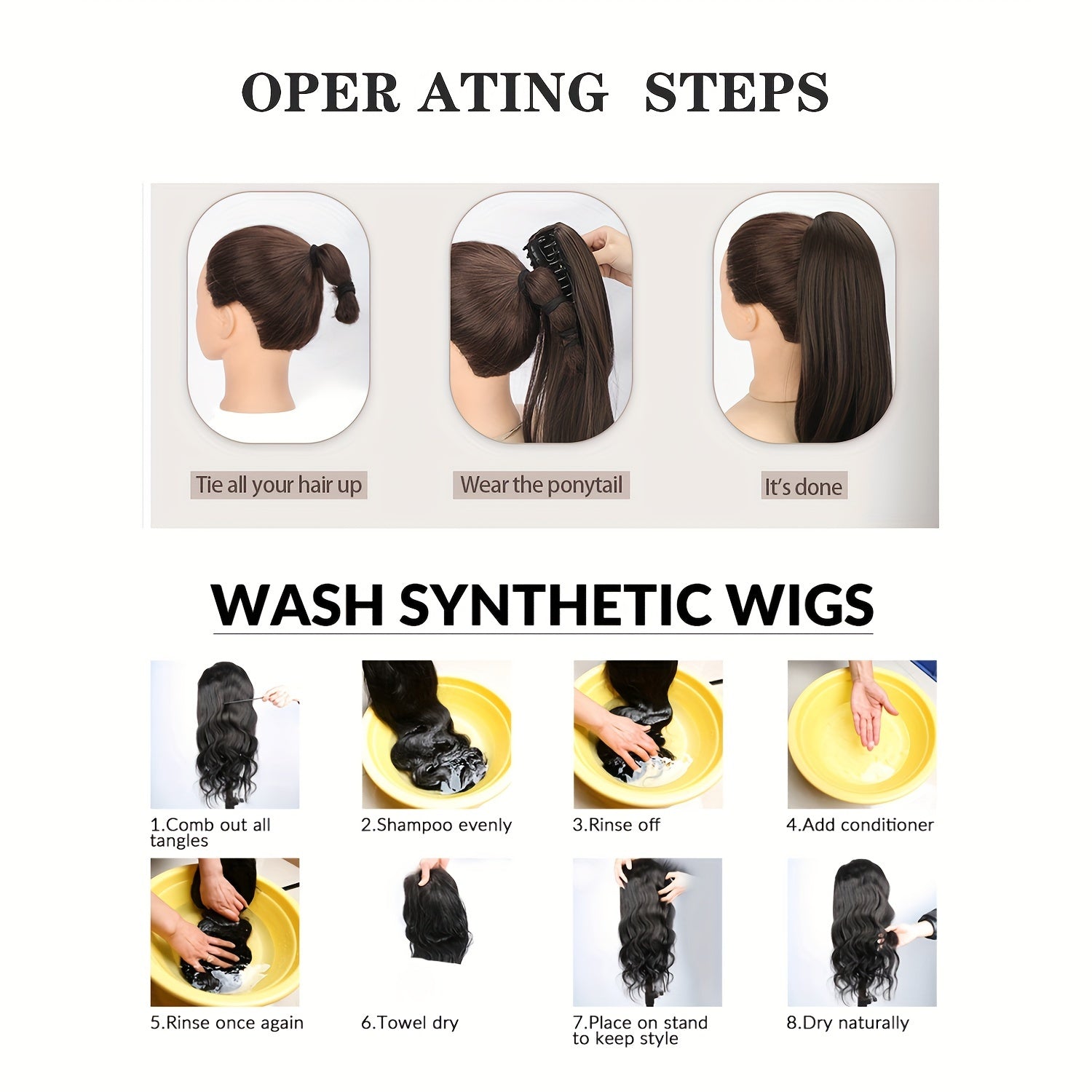 Clip-In Claw Ponytail Extension — Water Wave Wavy Curly Synthetic Hairpiece for Women (Dark Brown/Black)