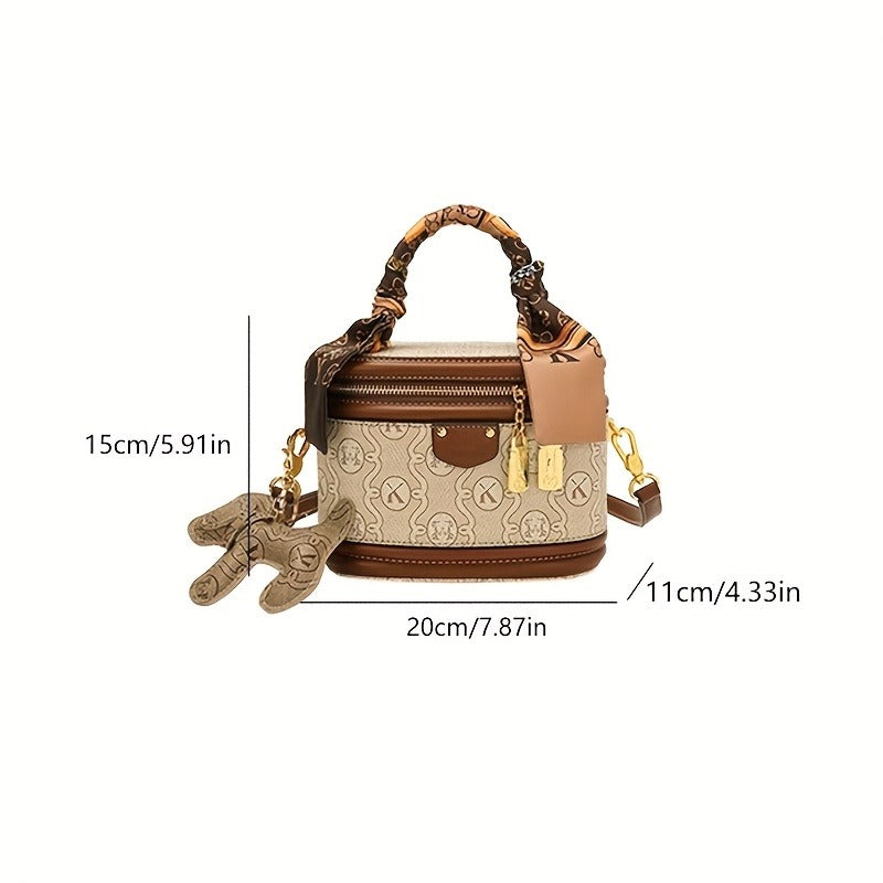 Women's Beige PVC Bucket Handbag with Gold-Tone Hardware, Detachable Chain Accent, Adjustable Crossbody Shoulder Strap, Zipper Tote Purse for Weddings & Parties