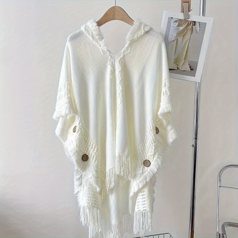 White Boho Fringe Shawl for Women – Lightweight Polyester Wrap, Breathable Sun-Proof Cover-Up for Spring & Autumn