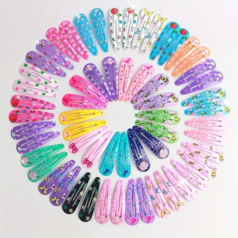 Set of 20/40/60 Colorful Alloy BB Hair Clips – Cute Printed Strawberries, Flowers, Hearts & Unicorns for Bangs and Side Hairstyles