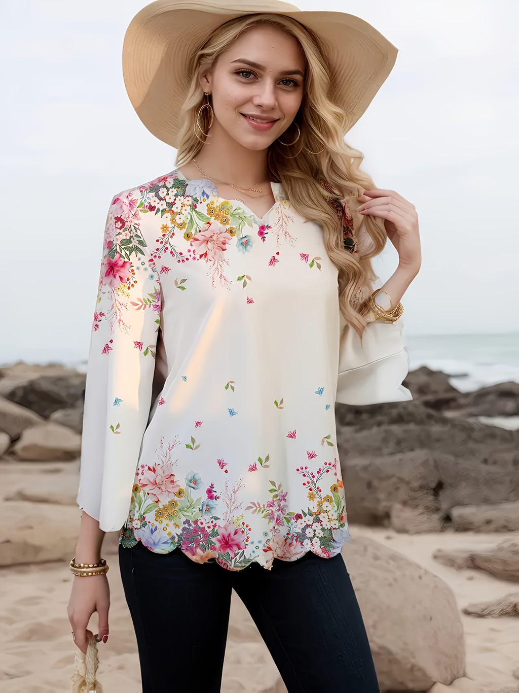 Elegant Floral Women's Short Sleeve Blouse - Black & White Dot Tunic with Collar, Machine Washable, Casual to Dressy